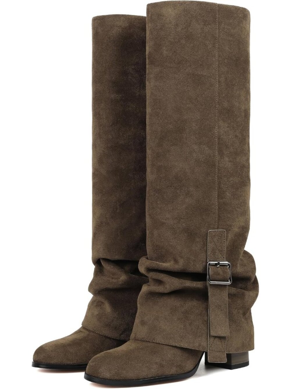 Women's Green Fold Over Half-Zipper Knee High Boots Buckle Slouchy Shark Boots
